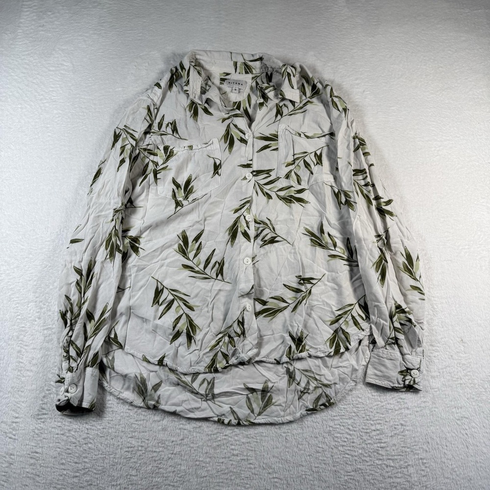 Piyama Pajama Top Womens Small White Leaf Print Rayon Long Sleeve Button Front